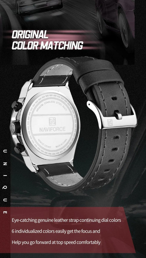 Naviforce Men's Watch - Chronograph - Sparkling Black & Red - Genuine Leather Strap - 1 Year Warranty