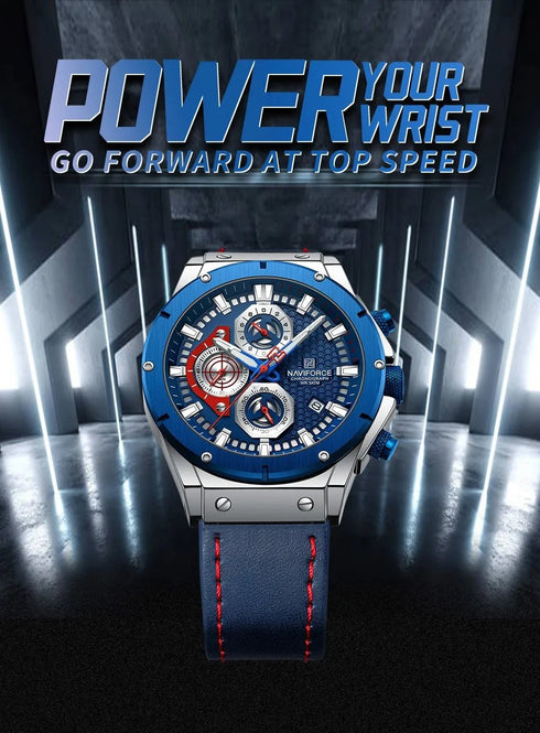 Naviforce Men's Watch - Chronograph - Sparkling Blue & Red - Genuine Leather Strap - 1 Year Warranty