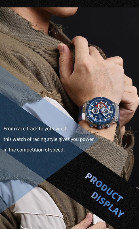 Naviforce Men's Watch - Chronograph - Sparkling Blue & Red - Genuine Leather Strap - 1 Year Warranty