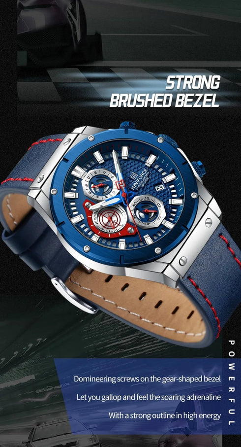 Naviforce Men's Watch - Chronograph - Sparkling Blue & Red - Genuine Leather Strap - 1 Year Warranty