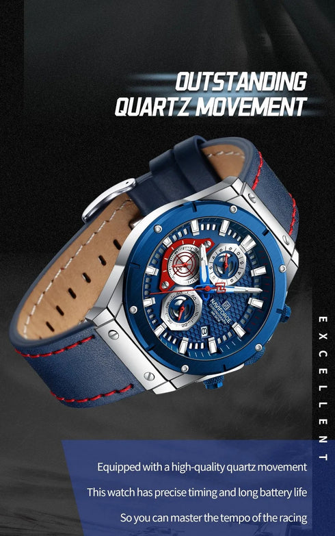 Naviforce Men's Watch - Chronograph - Sparkling Blue & Red - Genuine Leather Strap - 1 Year Warranty