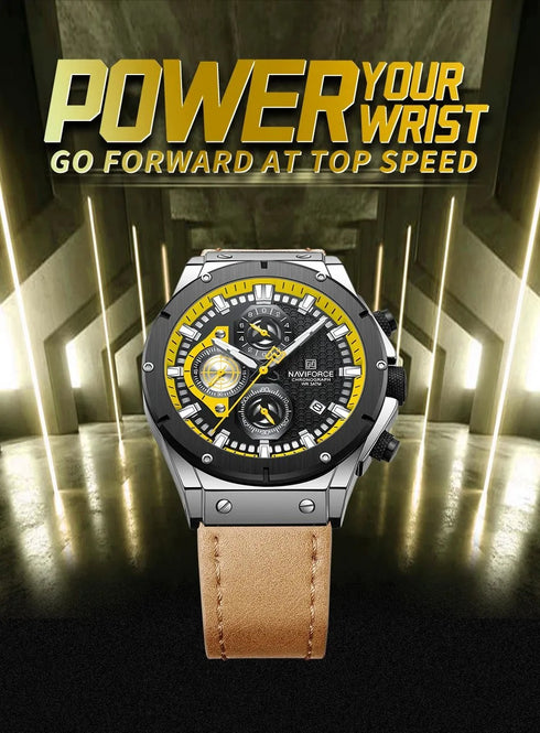 Naviforce Men's Watch - Chronograph - Camel Brown & Black - Genuine Leather Strap - 1 Year Warranty