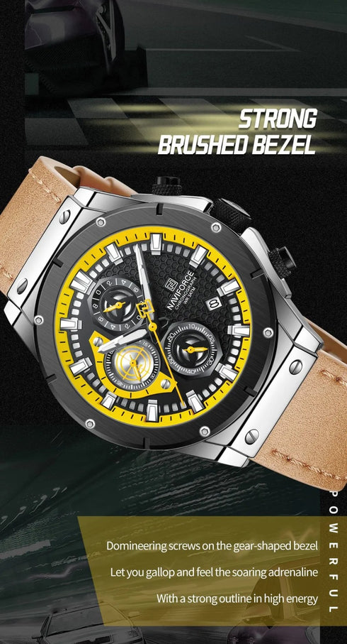 Naviforce Men's Watch - Chronograph - Camel Brown & Black - Genuine Leather Strap - 1 Year Warranty