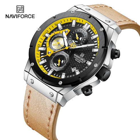 Naviforce Men's Watch - Chronograph - Camel Brown & Black - Genuine Leather Strap - 1 Year Warranty