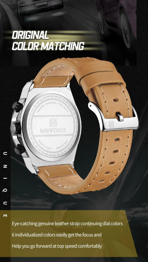 Naviforce Men's Watch - Chronograph - Camel Brown & Black - Genuine Leather Strap - 1 Year Warranty
