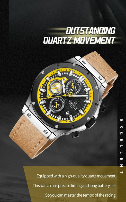 Naviforce Men's Watch - Chronograph - Camel Brown & Black - Genuine Leather Strap - 1 Year Warranty