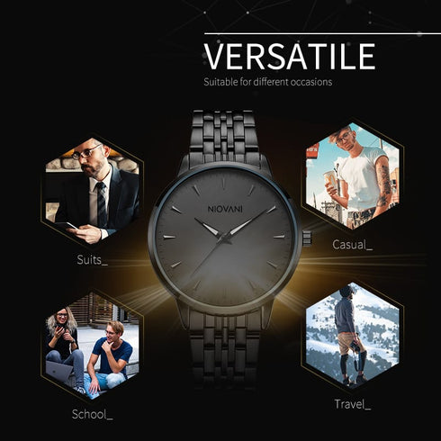 Niovani Regal (Classy Black) - Men's Watch - Stainless Steel Strap - 1 Year Warranty - Water Resistance