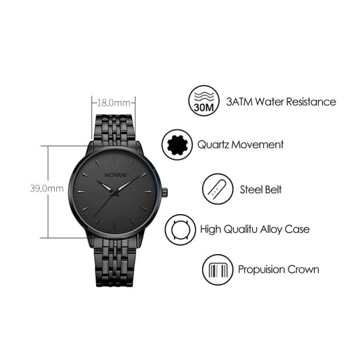 Niovani Regal (Classy Black) - Men's Watch - Stainless Steel Strap - 1 Year Warranty - Water Resistance