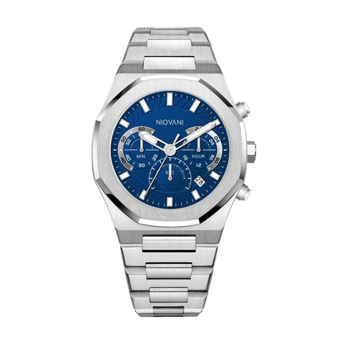 Niovani Hustler (Sparkling Silver & Blue) - Men's Watch - Stainless Steel Strap - Chronograph - 1 Year Warranty - Water Resistance