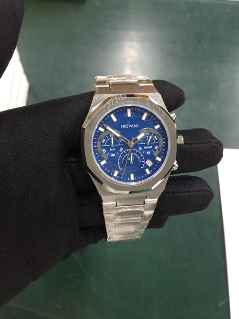 Niovani Hustler (Sparkling Silver & Blue) - Men's Watch - Stainless Steel Strap - Chronograph - 1 Year Warranty - Water Resistance