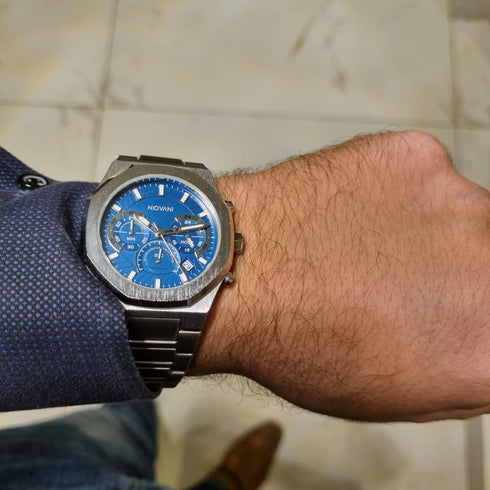 Niovani Hustler (Sparkling Silver & Blue) - Men's Watch - Stainless Steel Strap - Chronograph - 1 Year Warranty - Water Resistance