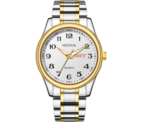 Niovani Classic (Two Tone 14K Genuine Gold Plating) - Men's Watch - Stainless Steel Strap - Date & Day Function - 1 Year Warranty - Water Resistance