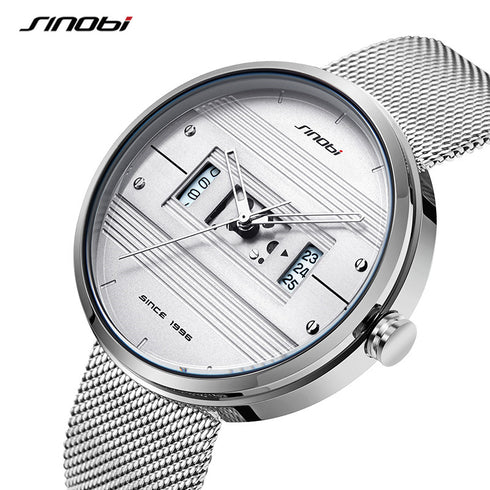 Sinobi Modern Art - Men's Watch - Water Resistant! - Classic Silver! - Stainless Steel Strap! - 1 Year Warranty! - Ultra Slim!