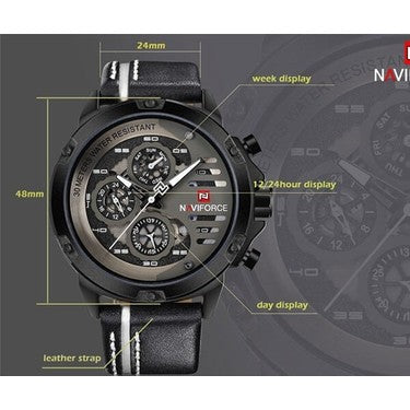 Naviforce Italia - Men's Watch - Black & White - Chronograph - Genuine Leather! - Water Resistant! - 1 Year Warranty!
