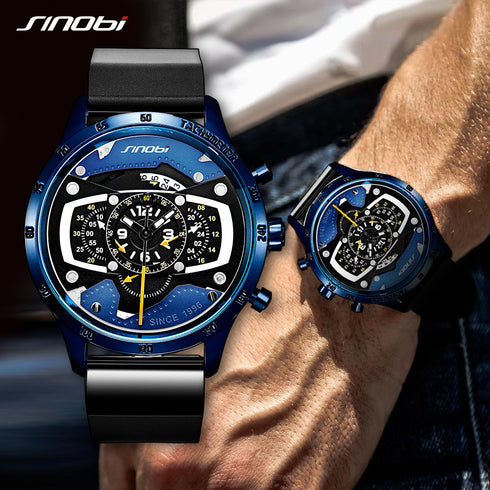 Sinobi Atomic - Men's Chronograph Watch - Water Resistant! - Blue & Black Attack! - Modern Silicon Strap! - 1 Year Warranty! - Free Box Packaging!