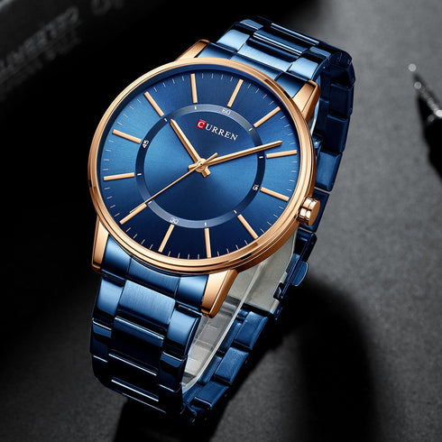 Curren Simplicity (Sparkling Rose Gold & Blue) - Men's Watch - 1 Year Warranty - Free Box Packaging - 3 ATM Water Resistant