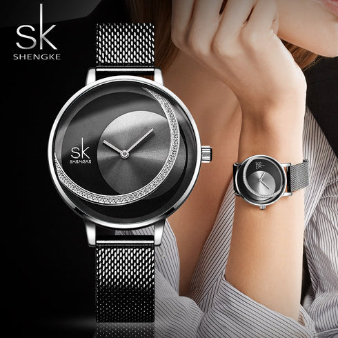 Shengke Women's Women of Steel! - Sparkling Silver & Black! - Adjustable Steel Strap! - Water Resistant! - Free Box Packaging!