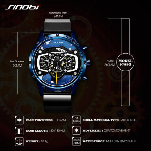 Sinobi Atomic - Men's Chronograph Watch - Water Resistant! - Blue & Black Attack! - Modern Silicon Strap! - 1 Year Warranty! - Free Box Packaging!
