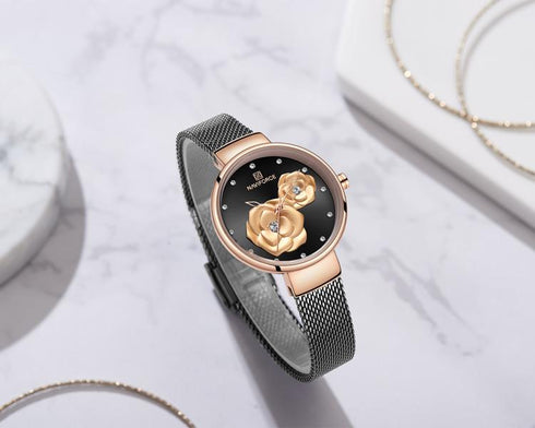 Naviforce Women's Black & Rose Gold Blossom! - Adjustable Steel Strap! - 1 Year Warranty! - Water Resistant!