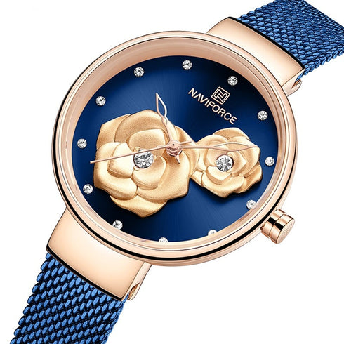Naviforce Women's RoyaL Blue Rose Gold Blossom! - Adjustable Steel Strap! - 1 Year Warranty! - Water Resistant!