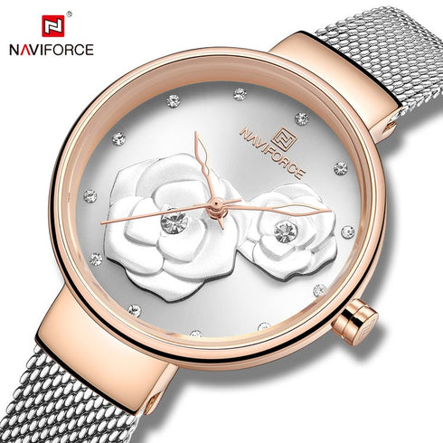 Naviforce Women's Silver Rose Gold Blossom! - Adjustable Steel Strap! - 1 Year Warranty! - Water Resistant!