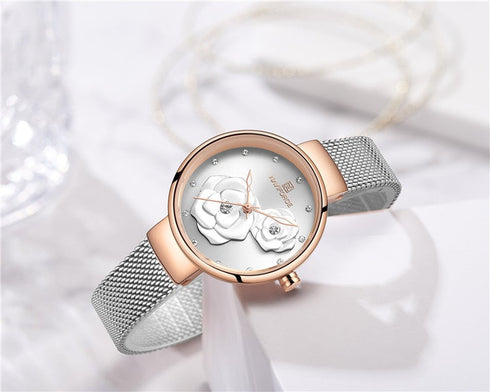 Naviforce Women's Silver Rose Gold Blossom! - Adjustable Steel Strap! - 1 Year Warranty! - Water Resistant!