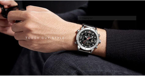 Naviforce Army Steel Analog + Digital! - Adjustable Strap! - 1 Year Warranty!