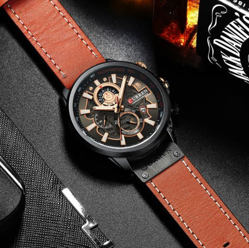 Curren Men's Futuristic Design! - Chronograph! - Classic Brown & Black! - Ultra Soft Leather! - 1 Year Warranty! - Ultra Slim!