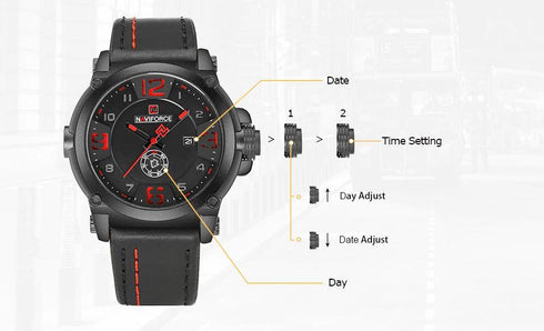 Naviforce Men's Red & Black Attack - Genuine Leather! - DayDate Function! - 1 Year Warranty!