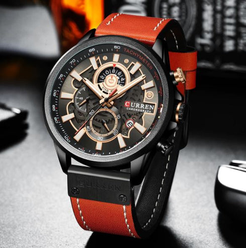 Curren Men's Futuristic Design! - Chronograph! - Classic Brown & Black! - Ultra Soft Leather! - 1 Year Warranty! - Ultra Slim!