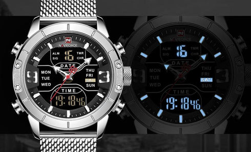 Naviforce Army Steel Analog + Digital! - Adjustable Strap! - 1 Year Warranty!
