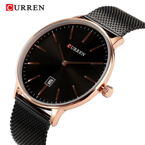 Curren Men's Black & Rose Gold! - Adjustable Mesh Steel Strap! - Two Hand Design! - Minimalist! - 1 Year Warranty! - Ultra Slim!