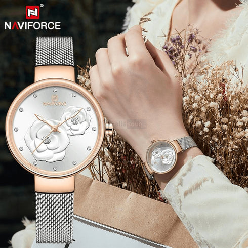 Naviforce Women's Silver Rose Gold Blossom! - Adjustable Steel Strap! - 1 Year Warranty! - Water Resistant!