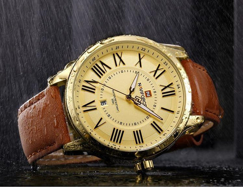 Naviforce Men's Elegant Roman Numbers! - Genuine Leather! - 14K Gold Plated! - 1 Year Warranty!