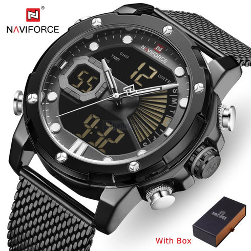 Naviforce Men's - Sparkling Jet Black! - Digital + Analog! - Adjustable Steel Strap! - Water Resistant! - 1 Year Warranty!