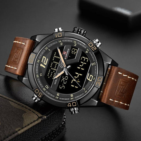 Naviforce Men's - Modern Technology! - Traditional Brown - Genuine Leather! - Water Resistant!- 1 Year Warranty!