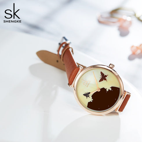 Shengke Women's Miracle Sky! - Coffee Brown & Rose Gold! - Genuine Ultra Soft Leather! - Water Resistant! - Free Box Packaging!