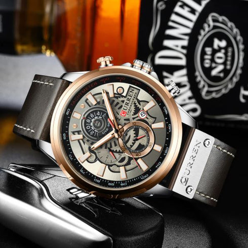Curren Men's Futuristic Design! - Chronograph! - Modern Grey & Brown! - Ultra Soft Leather! - 1 Year Warranty! - Ultra Slim!