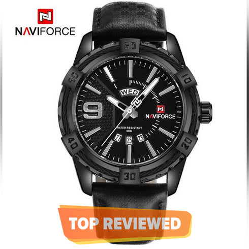 Naviforce Iconic - Men's Watch - Jet Black - Genuine Leather - Water Resistant! - 1 Year Warranty!