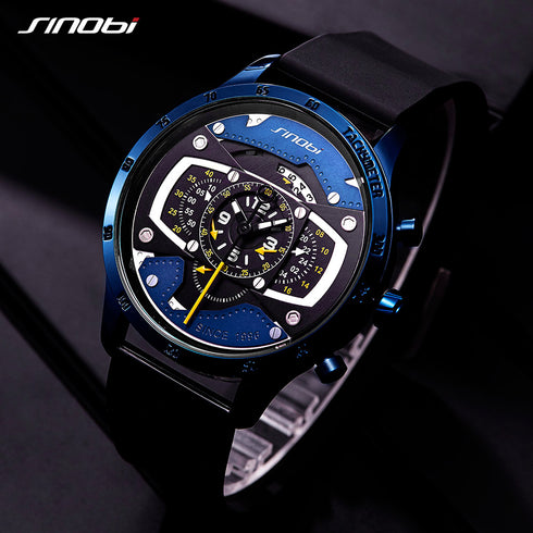 Sinobi Atomic - Men's Chronograph Watch - Water Resistant! - Blue & Black Attack! - Modern Silicon Strap! - 1 Year Warranty! - Free Box Packaging!