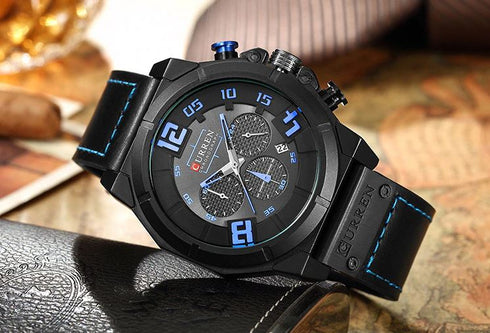 Curren Men's Midnight Design! - Chronograph! - Classic Blue & Black! - Ultra Soft Leather! - 1 Year Warranty! - Ultra Slim!