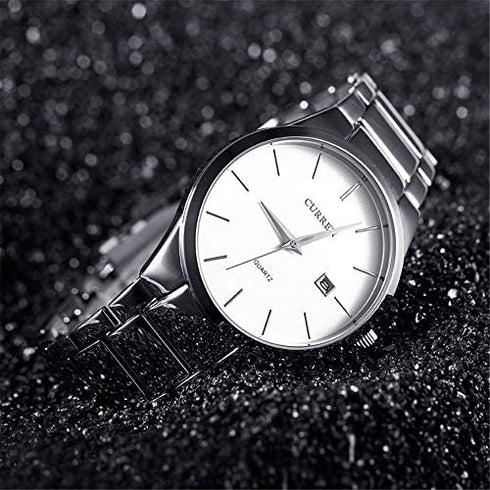 Curren Italiano (White & Silver) - Men's Watch - Date Function - 1 Year Warranty - Free Box Packaging - 3 ATM Water Resistant