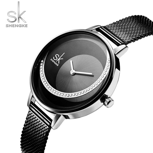 Shengke Women's Women of Steel! - Sparkling Silver & Black! - Adjustable Steel Strap! - Water Resistant! - Free Box Packaging!
