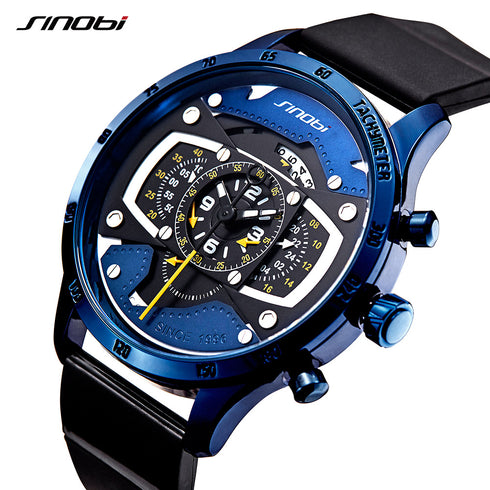 Sinobi Atomic - Men's Chronograph Watch - Water Resistant! - Blue & Black Attack! - Modern Silicon Strap! - 1 Year Warranty! - Free Box Packaging!