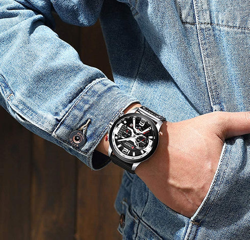 Curren Men's! - Modern Silver & Black Chronograph! - Genuine Ultrasoft Leather! - Water Resistant! - 1 Year Warranty!