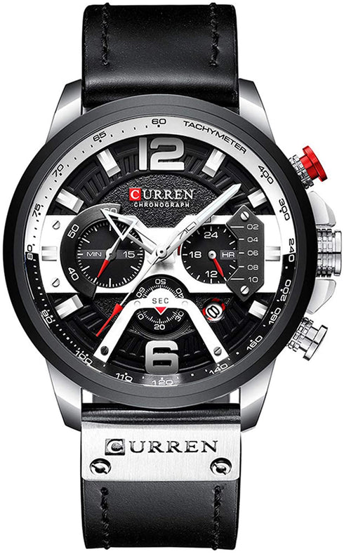 Curren Men's! - Modern Silver & Black Chronograph! - Genuine Ultrasoft Leather! - Water Resistant! - 1 Year Warranty!