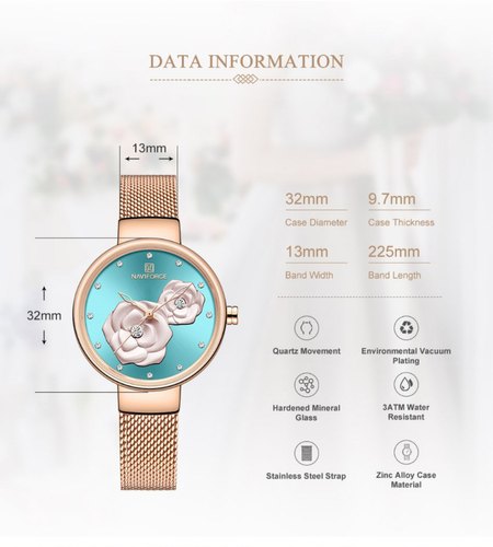Naviforce Women's Sea Green & Rose Gold Blossom! - Adjustable Steel Strap! - 1 Year Warranty! - Water Resistant!