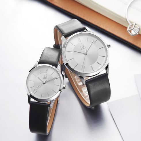 Shengke Classic Couple's Watch - Timeless Silver & Black - Genuine Ultra Soft Leather! - Water Resistant! - Free Box Packaging!