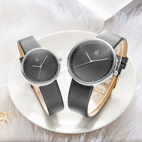 Shengke Classic Couple's Watch - Timeless Black - Genuine Ultra Soft Leather! - Water Resistant! - Free Box Packaging!