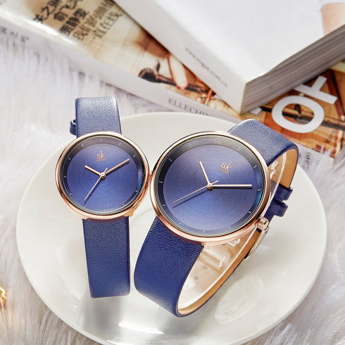 Shengke Classic Couple's Watch - Modern Blue & Rose Gold - Genuine Ultra Soft Leather! - Water Resistant! - Free Box Packaging!